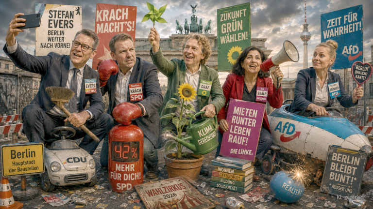 Fünf Personen sitzen vor einer Wand voller bunter Wahlplakate zur Berliner Abgeordnetenhauswahl 2026